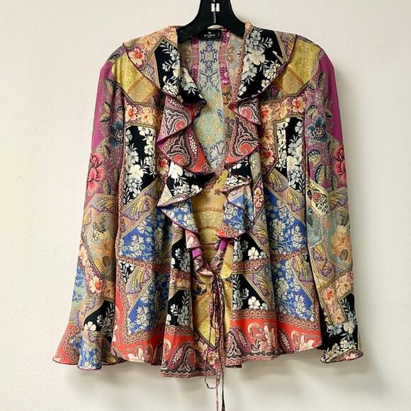 ETRO 100% Silk Long Sleeve Ruffle Trim Blouse Multicolor Women's 42 IT / US 6